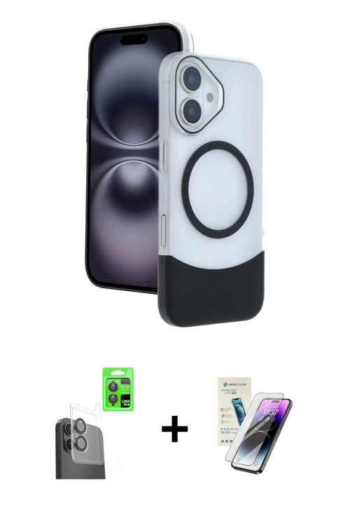 ieg™ iPhone 16 Kılıf Kozmos Form Özel Seri - Şeffaf Pasifik Cam Ekran Koruyucu + Siyah Raze Metal Ka