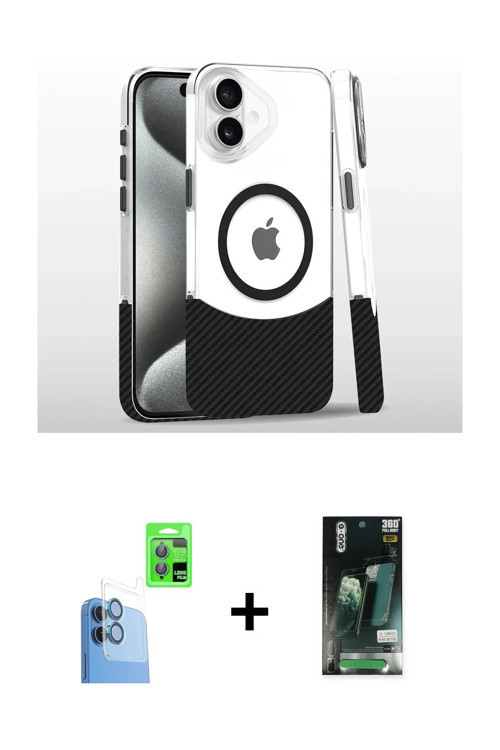 ieg™ iPhone 16 Kılıf İz Asil Prime - Siyah 360 Mat Full Body Arka Koruyucu + Lacivert Raze Metal Kam