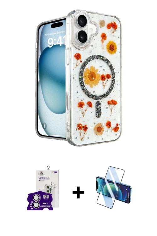 ieg™ iPhone 16 Kılıf Kozmos Doku - Siyah 3D Antistatik Seramik Nano Ekran Koruyucu + Gümüş Bilvis Ti
