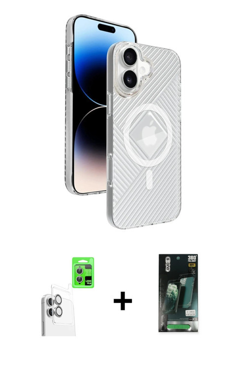 ieg™ iPhone 16 Kılıf Nova Modern Prime - Siyah 360 Mat Full Body Arka Koruyucu + Beyaz Raze Metal Ka