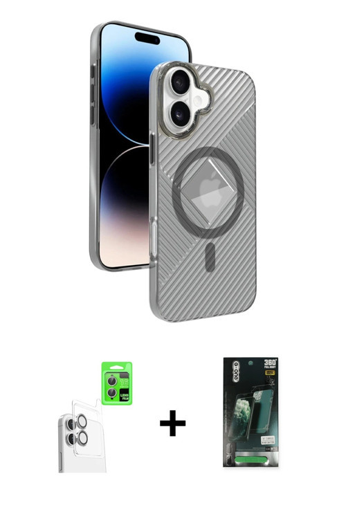 ieg™ iPhone 16 Kılıf Nova Modern Prime - Siyah 360 Mat Full Body Arka Koruyucu + Beyaz Raze Metal Ka