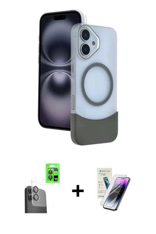 ieg™ iPhone 16 Kılıf Kozmos Form Özel Seri - Şeffaf Pasifik Cam Ekran Koruyucu + Siyah Raze Metal Ka