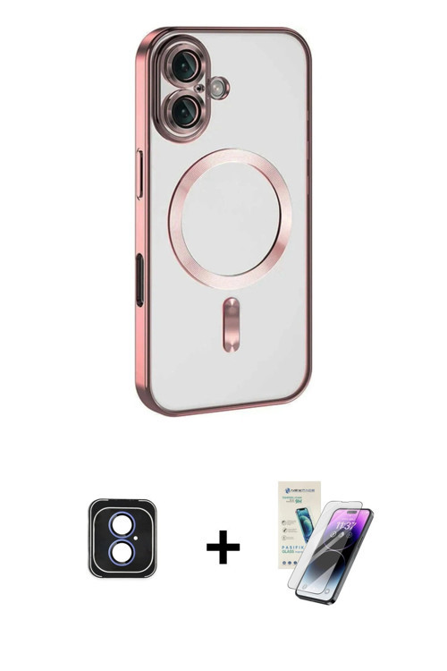 ieg™ iPhone 16 Kılıf Nova Işık Özel Seri - Şeffaf Pasifik Cam Ekran Koruyucu + Mavi PVD Metal Kamera