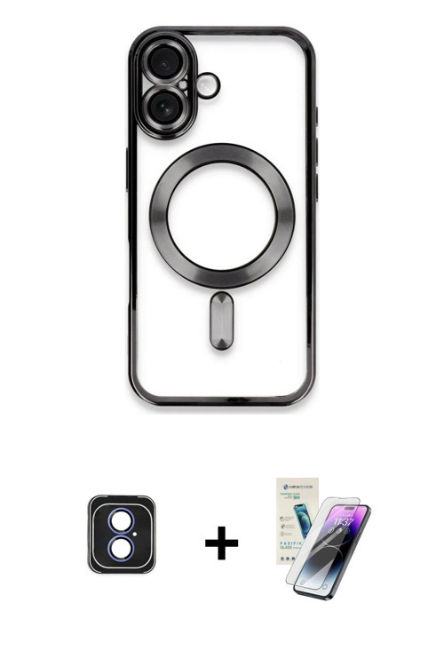 ieg™ iPhone 16 Kılıf Nova Işık Özel Seri - Şeffaf Pasifik Cam Ekran Koruyucu + Mavi PVD Metal Kamera