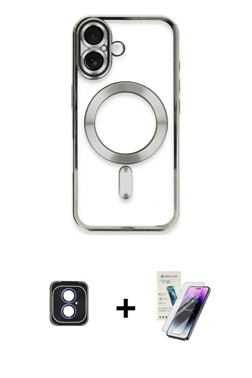 ieg™ iPhone 16 Kılıf Nova Işık Özel Seri - Şeffaf Pasifik Cam Ekran Koruyucu + Mavi PVD Metal Kamera
