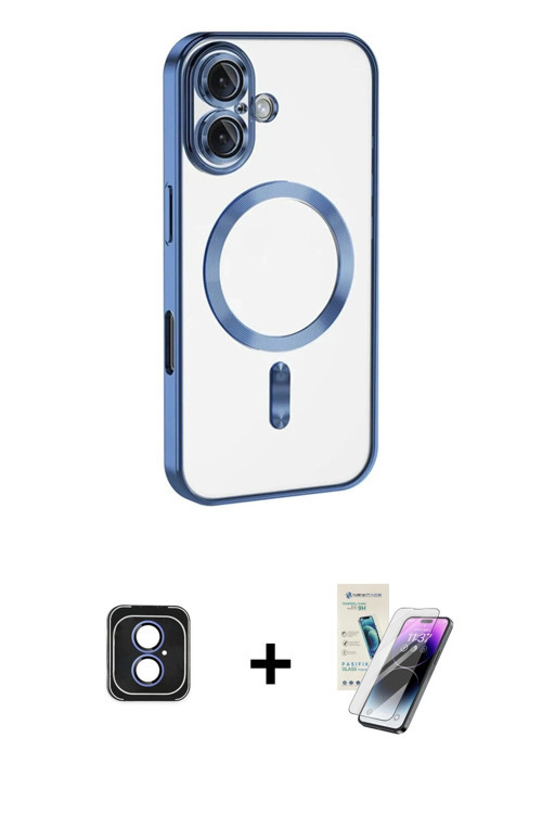 ieg™ iPhone 16 Kılıf Nova Işık Özel Seri - Şeffaf Pasifik Cam Ekran Koruyucu + Mavi PVD Metal Kamera