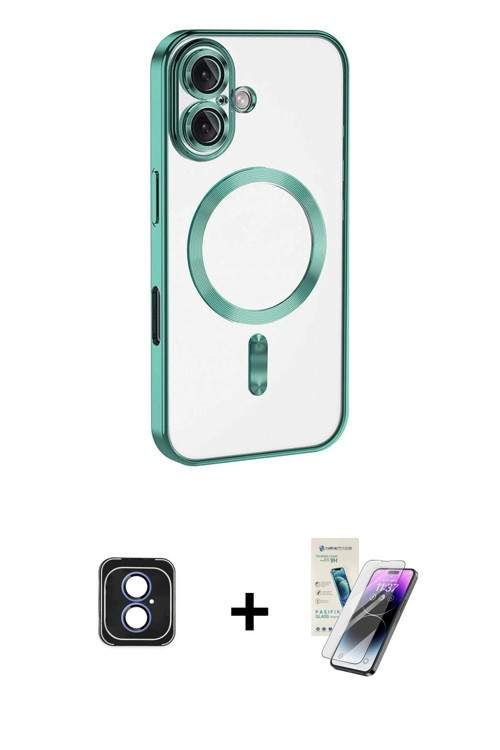 ieg™ iPhone 16 Kılıf Nova Işık Özel Seri - Şeffaf Pasifik Cam Ekran Koruyucu + Mavi PVD Metal Kamera