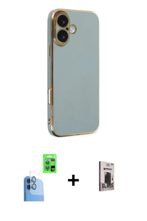 ieg™ iPhone 16 Kılıf Yankı Serisi - Siyah Bilvis Hayalet Cam Ekran Koruyucu + Lacivert Raze Metal Ka