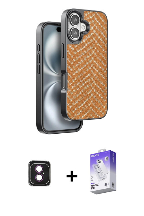 ieg™ iPhone 16 Kılıf Vadi Özel Seri - Siyah Bilvis 5in1 3D Magic Cam Ekran Koruyucu + Pembe PVD Meta