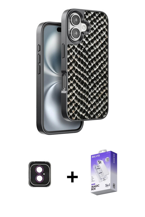 ieg™ iPhone 16 Kılıf Vadi Özel Seri - Siyah Bilvis 5in1 3D Magic Cam Ekran Koruyucu + Pembe PVD Meta
