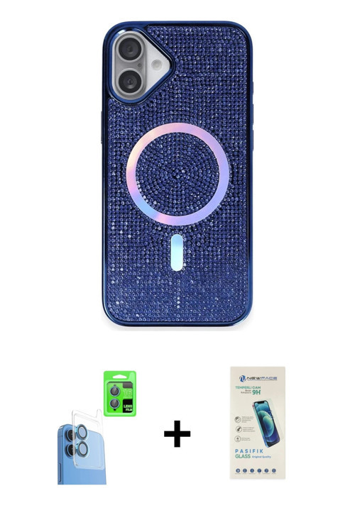 ieg™ iPhone 16 Plus Kılıf Eksen Çizgi - Şeffaf Pasifik Cam Ekran Koruyucu + Lacivert Raze Metal Kame