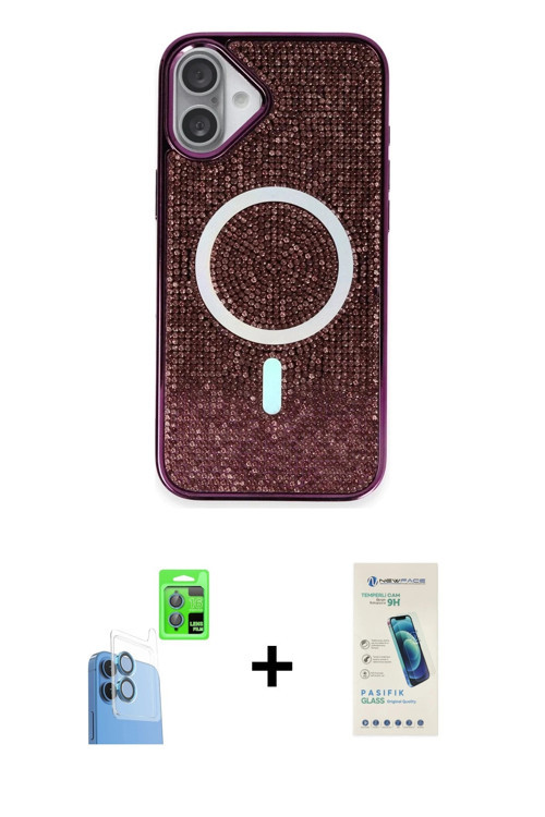 ieg™ iPhone 16 Plus Kılıf Eksen Çizgi - Şeffaf Pasifik Cam Ekran Koruyucu + Lacivert Raze Metal Kame