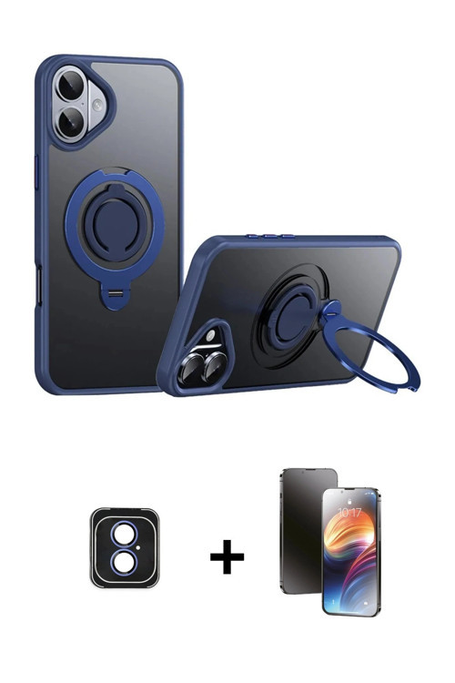 ieg™ iPhone 16 Kılıf Zirve Çizgi Prime - Siyah 3D Antistatik Mat Seramik Nano Ekran Koruyucu + Mavi