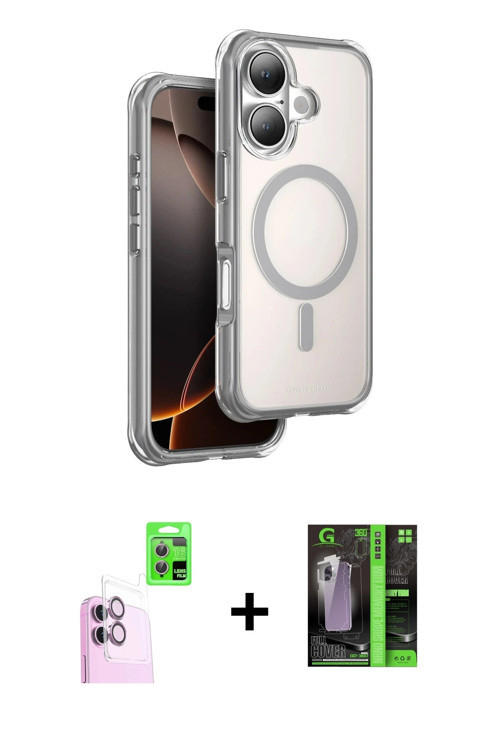 ieg™ iPhone 16 Kılıf Zirve Klasik Prime - Şeffaf 360 Full Body Arka Koruyucu + Pembe Raze Metal Kame