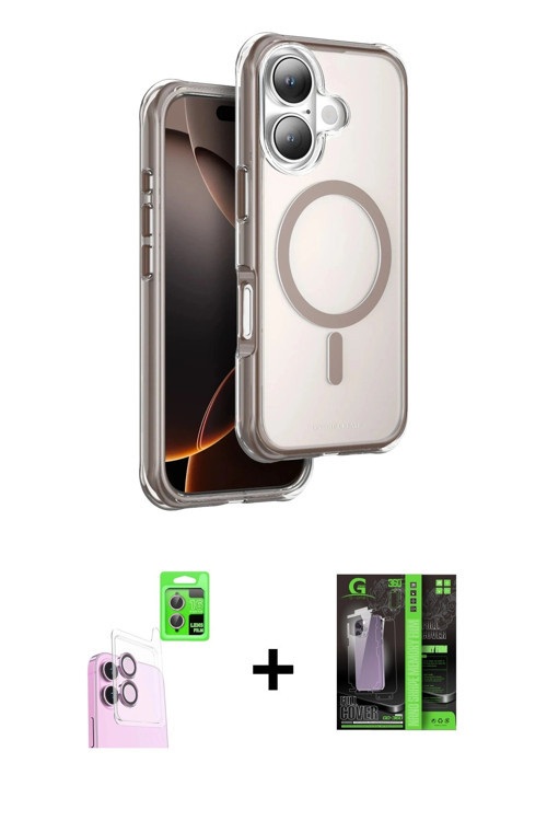 ieg™ iPhone 16 Kılıf Zirve Klasik Prime - Şeffaf 360 Full Body Arka Koruyucu + Pembe Raze Metal Kame