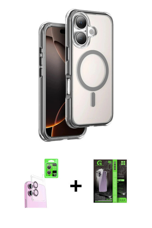 ieg™ iPhone 16 Kılıf Zirve Klasik Prime - Şeffaf 360 Full Body Arka Koruyucu + Pembe Raze Metal Kame