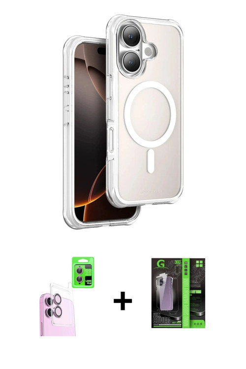 ieg™ iPhone 16 Kılıf Zirve Klasik Prime - Şeffaf 360 Full Body Arka Koruyucu + Pembe Raze Metal Kame