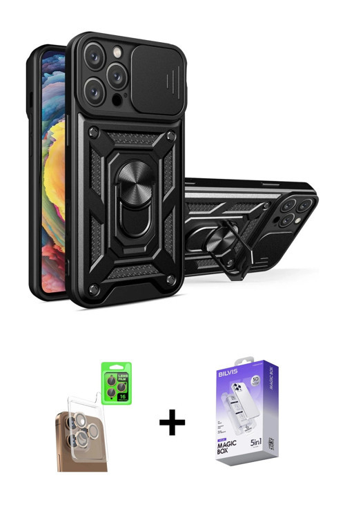 ieg™ iPhone 16 Pro Kılıf Ahenk Klasik - Siyah Bilvis 5in1 3D Magic Cam Ekran Koruyucu + Çöl Titanyum