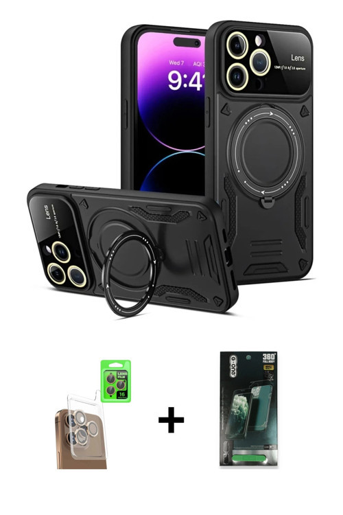 ieg™ iPhone 16 Pro Kılıf Kıvılcım Modern Serisi - Siyah 360 Mat Full Body Arka Koruyucu + Çöl Titany