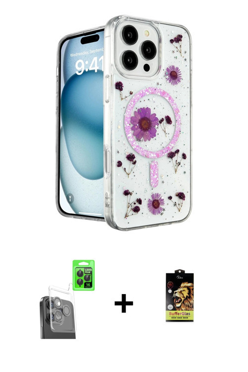 ieg™ iPhone 16 Pro Kılıf Kozmos Doku - Siyah Buffer Cam Ekran Koruyucu + Siyah Raze Metal Kamera Len