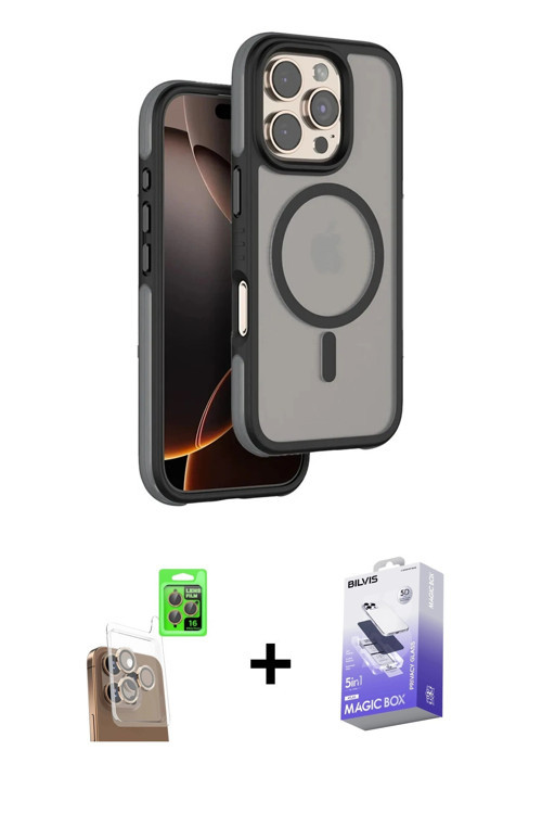 ieg™ iPhone 16 Pro Kılıf Çekirdek Minimal Prime - Siyah Bilvis 5in1 5D Magic Hayalet Cam Ekran Koruy