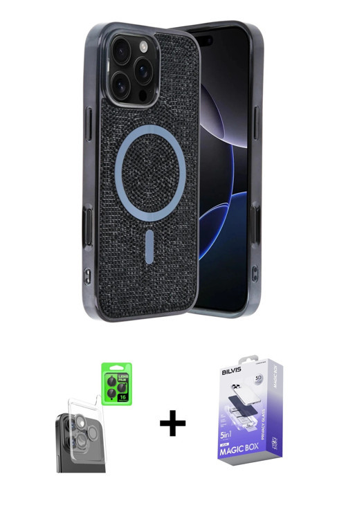 ieg™ iPhone 16 Pro Kılıf Eksen Çizgi - Siyah Bilvis 5in1 5D Magic Hayalet Cam Ekran Koruyucu + Siyah