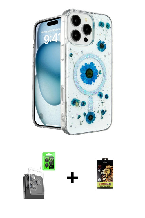 ieg™ iPhone 16 Pro Kılıf Kozmos Doku - Siyah Buffer Cam Ekran Koruyucu + Siyah Raze Metal Kamera Len