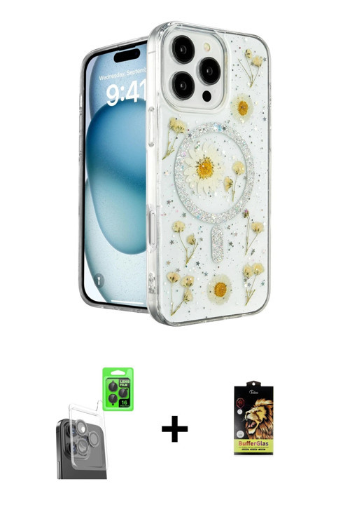 ieg™ iPhone 16 Pro Kılıf Kozmos Doku - Siyah Buffer Cam Ekran Koruyucu + Siyah Raze Metal Kamera Len