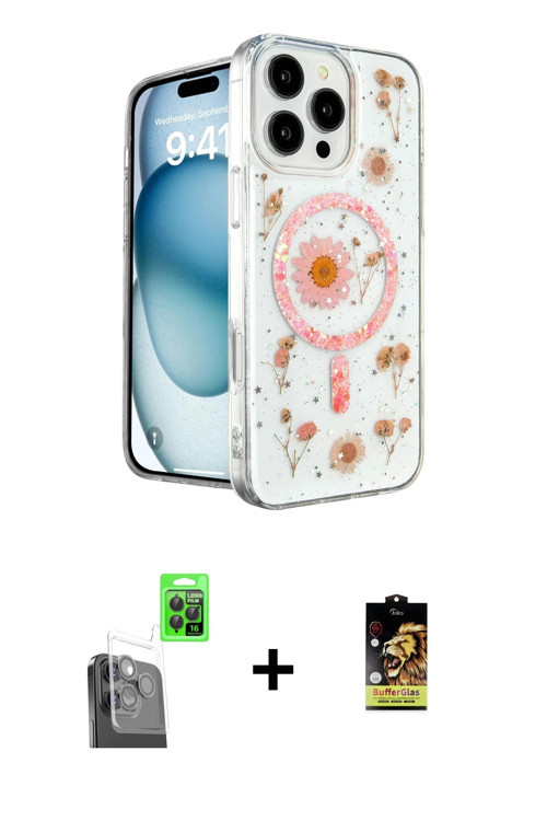 ieg™ iPhone 16 Pro Kılıf Kozmos Doku - Siyah Buffer Cam Ekran Koruyucu + Siyah Raze Metal Kamera Len