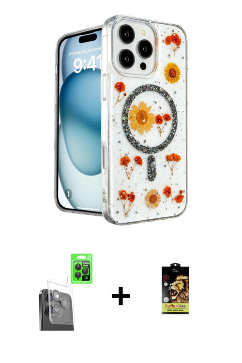 ieg™ iPhone 16 Pro Kılıf Kozmos Doku - Siyah Buffer Cam Ekran Koruyucu + Siyah Raze Metal Kamera Len