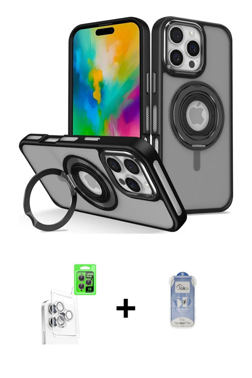 ieg™ iPhone 16 Pro Kılıf Nova Minimal Serisi - Siyah Joko Magic 5D Cam + Beyaz Raze Metal Kamera Len