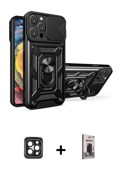 ieg™ iPhone 16 Pro Max Kılıf Ahenk Klasik - Siyah Bilvis Hayalet Cam Ekran Koruyucu + Siyah PVD Meta