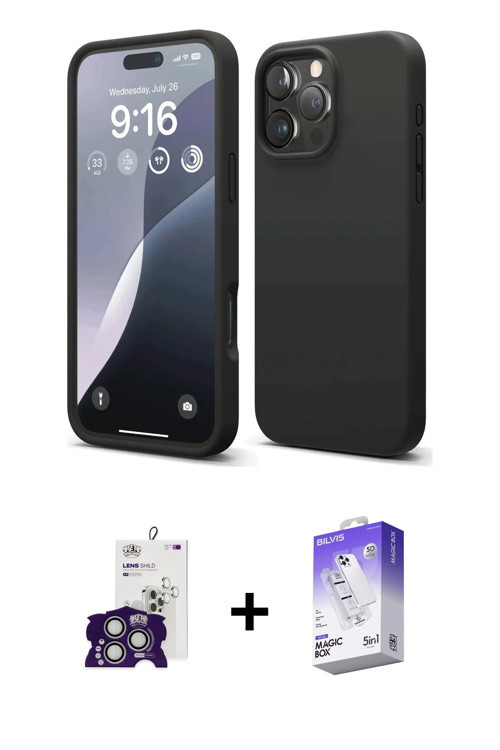 ieg™ iPhone 16 Pro Max Kılıf Ahenk Serisi - Siyah Bilvis 5in1 3D Magic Cam Ekran Koruyucu + Gümüş Bi