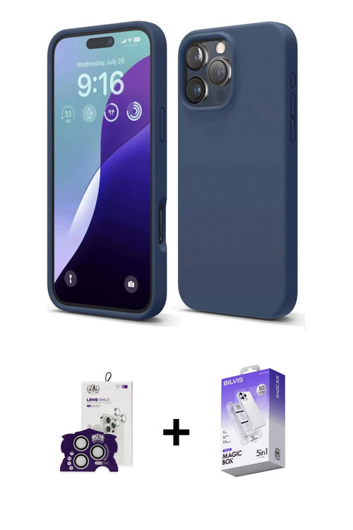 ieg™ iPhone 16 Pro Max Kılıf Ahenk Serisi - Siyah Bilvis 5in1 3D Magic Cam Ekran Koruyucu + Gümüş Bi