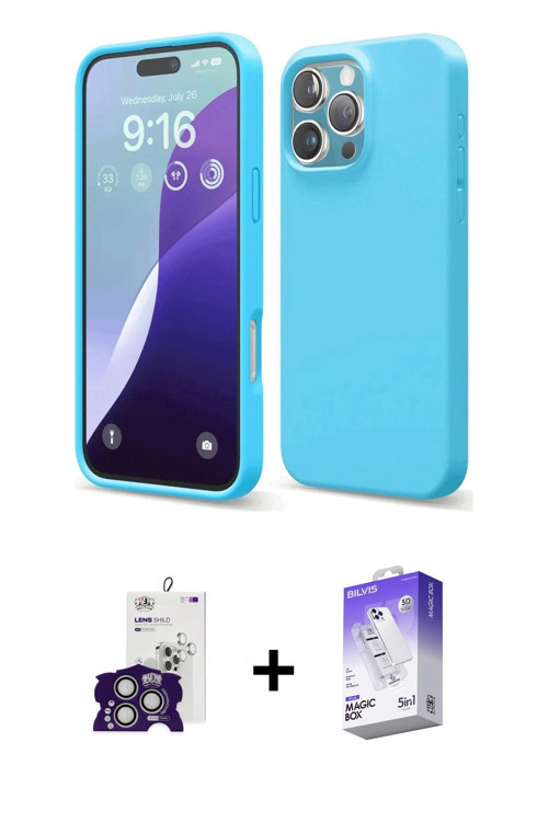 ieg™ iPhone 16 Pro Max Kılıf Ahenk Serisi - Siyah Bilvis 5in1 3D Magic Cam Ekran Koruyucu + Gümüş Bi