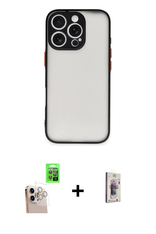 ieg™ iPhone 16 Pro Max Kılıf Ahenk Çizgi Serisi - Siyah Bilvis 3D Cam Ekran Koruyucu + Natural Grey