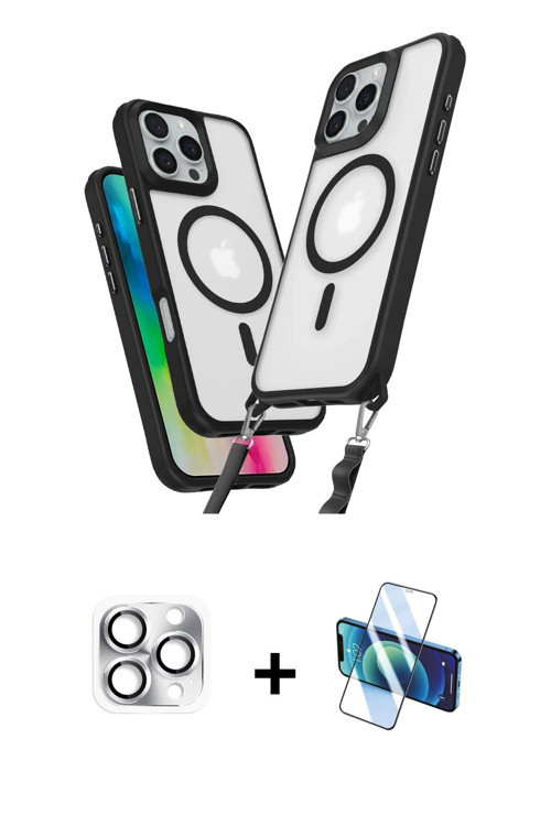 ieg™ iPhone 16 Pro Max Kılıf Atlas Doku Koleksiyonu - Siyah 3D Antistatik Cam Ekran Koruyucu + Gümüş