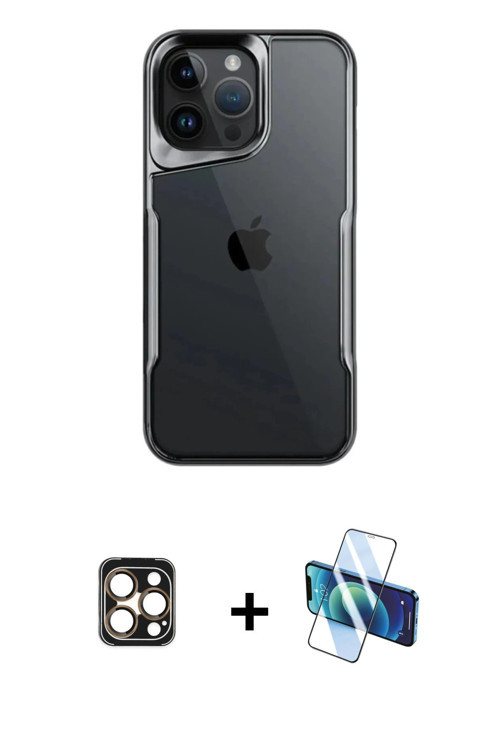 ieg™ iPhone 16 Pro Max Kılıf Akış Çizgi Koleksiyonu - Siyah 3D Antistatik Cam Ekran Koruyucu + Gold