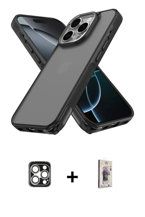 ieg™ iPhone 16 Pro Max Kılıf Atlas Form - Siyah Bilvis 3D Cam Ekran Koruyucu + Gümüş PVD Metal Kamer
