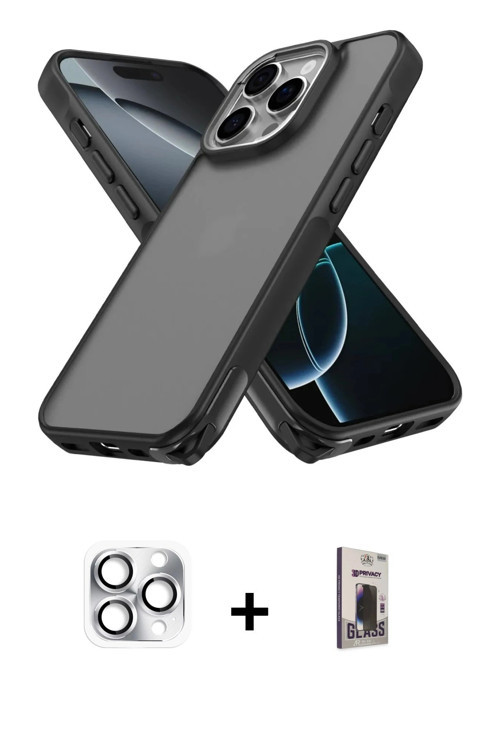 ieg™ iPhone 16 Pro Max Kılıf Atlas Form - Siyah Bilvis Hayalet Cam Ekran Koruyucu + Gümüş Pers Alümi