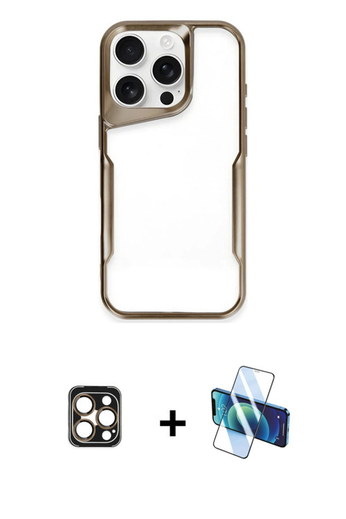 ieg™ iPhone 16 Pro Max Kılıf Akış Çizgi Koleksiyonu - Siyah 3D Antistatik Cam Ekran Koruyucu + Gold