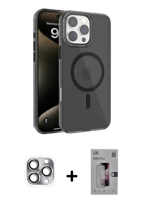 ieg™ iPhone 16 Pro Max Kılıf Doruk Doku Özel Seri - Siyah Bilvis 3D Mat Cam Ekran Koruyucu + Gri Per