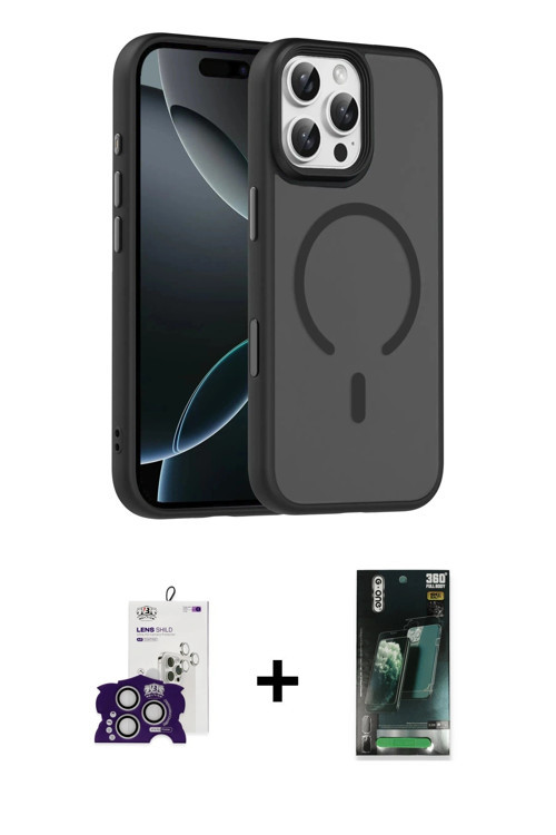 ieg™ iPhone 16 Pro Max Kılıf Doruk Form Serisi - Siyah 360 Mat Full Body Arka Koruyucu + Gümüş Bilvi