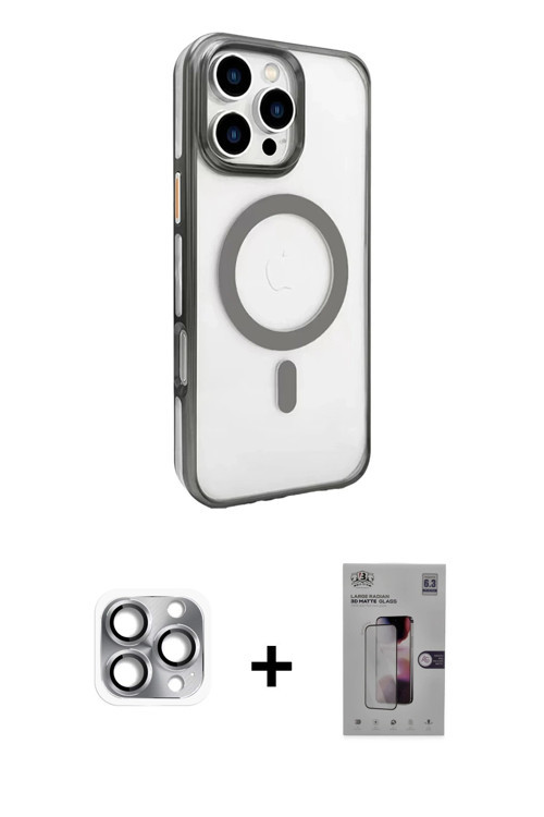 ieg™ iPhone 16 Pro Max Kılıf Doruk Doku Özel Seri - Siyah Bilvis 3D Mat Cam Ekran Koruyucu + Gri Per