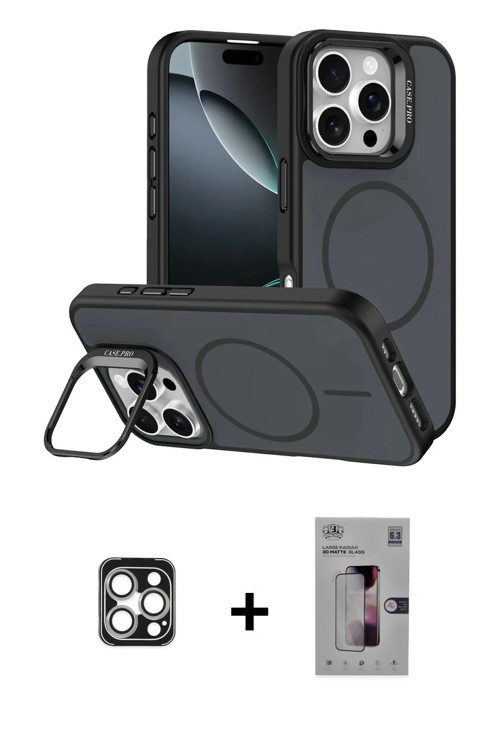 ieg™ iPhone 16 Pro Max Kılıf Çekirdek Klasik - Siyah Bilvis 3D Mat Cam Ekran Koruyucu + Gümüş PVD Me
