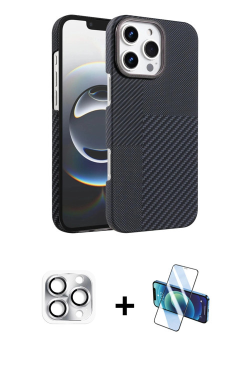 ieg™ iPhone 16 Pro Max Kılıf Doruk Serisi - Siyah 3D Antistatik Cam Ekran Koruyucu + Gümüş Pers Alüm