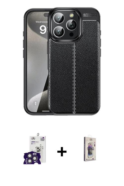 ieg™ iPhone 16 Pro Max Kılıf Doruk Klasik Özel Seri - Siyah Bilvis 3D Cam Ekran Koruyucu + Titanyum