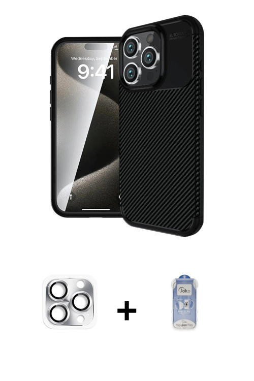 ieg™ iPhone 16 Pro Max Kılıf Eksen Form Prime - Siyah Joko Magic 5D Cam + Gümüş Pers Alüminyum Kamer