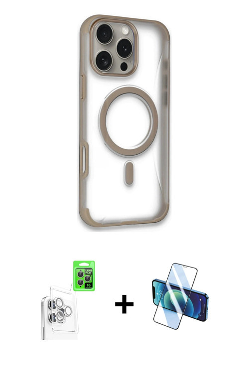 ieg™ iPhone 16 Pro Max Kılıf Eksen Klasik Koleksiyonu - Siyah 3D Antistatik Cam Ekran Koruyucu + Bey
