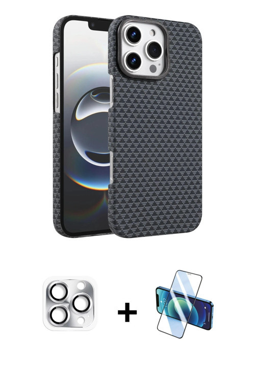 ieg™ iPhone 16 Pro Max Kılıf Doruk Serisi - Siyah 3D Antistatik Cam Ekran Koruyucu + Gümüş Pers Alüm